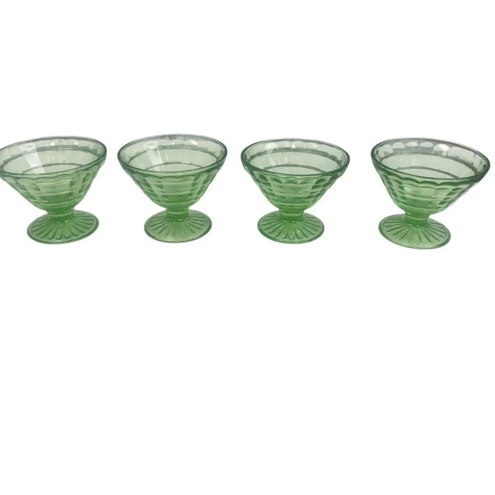 Lot of 4 Vintage Clear Green Glass Footed Textured Dessert Serving Bowls